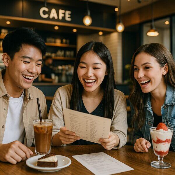 カフェで友達とスイーツを選ぶ。