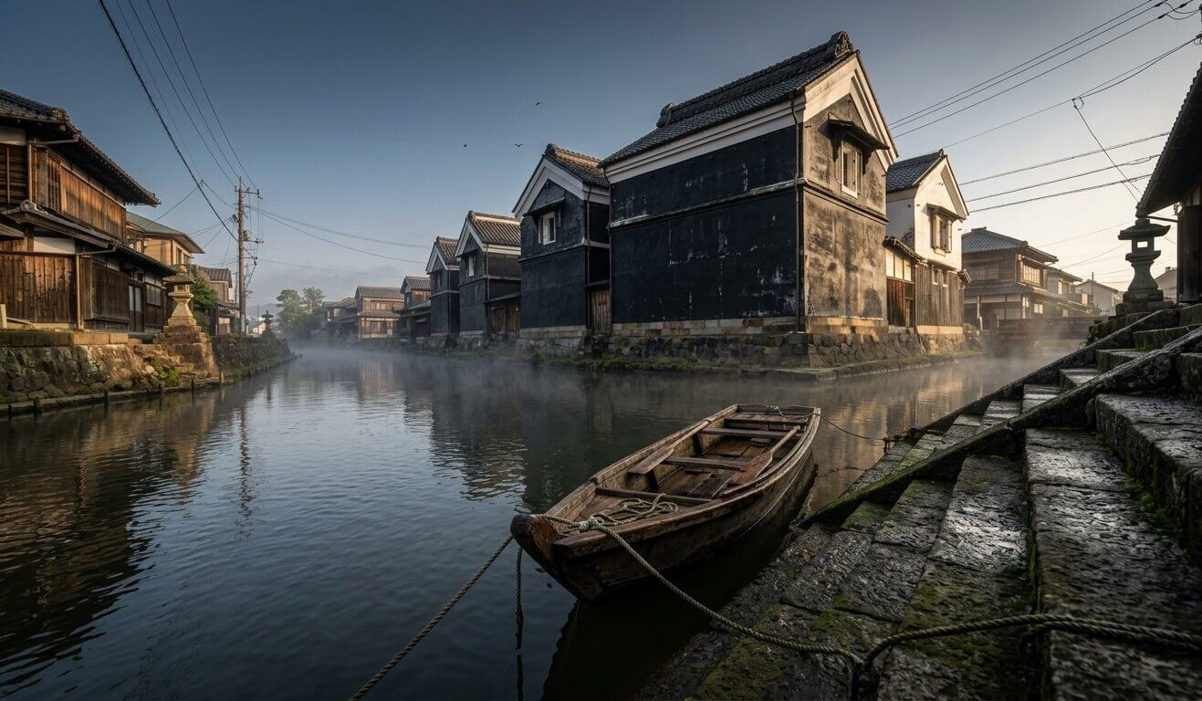 小野川に面した商家の「だし（川へ降りる階段）」。舟が横付けされ、荷物が直接商家へ運び込まれていた物流の入口です。