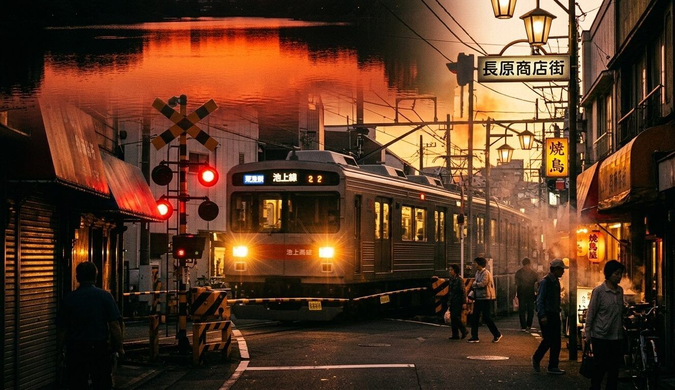 夕焼けの長原商店街と東急池上線の踏切（大田区・長原）