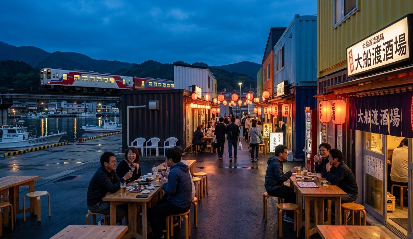 夜の赤提灯と港の灯りが交差する、キャッセン大船渡の象徴的な風景。