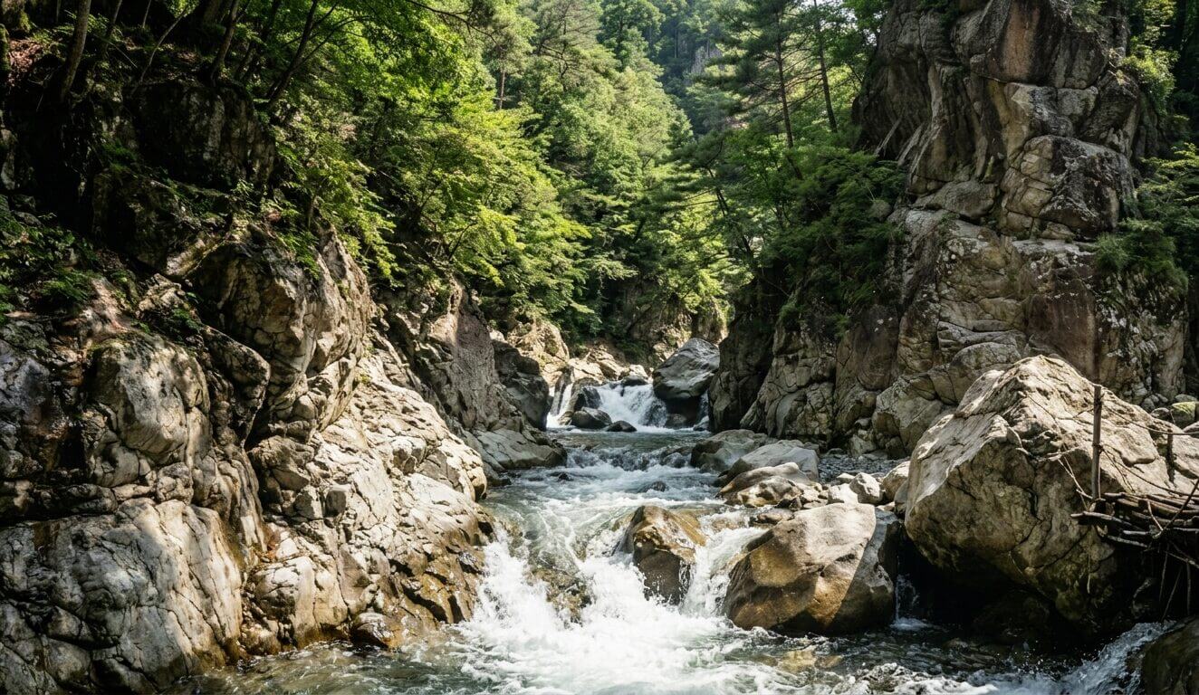 切り立った岩肌と青々とした木々に囲まれた渓谷。中央を勢いよく流れる清流と、手前には大きな岩が並ぶダイナミックな自然風景。