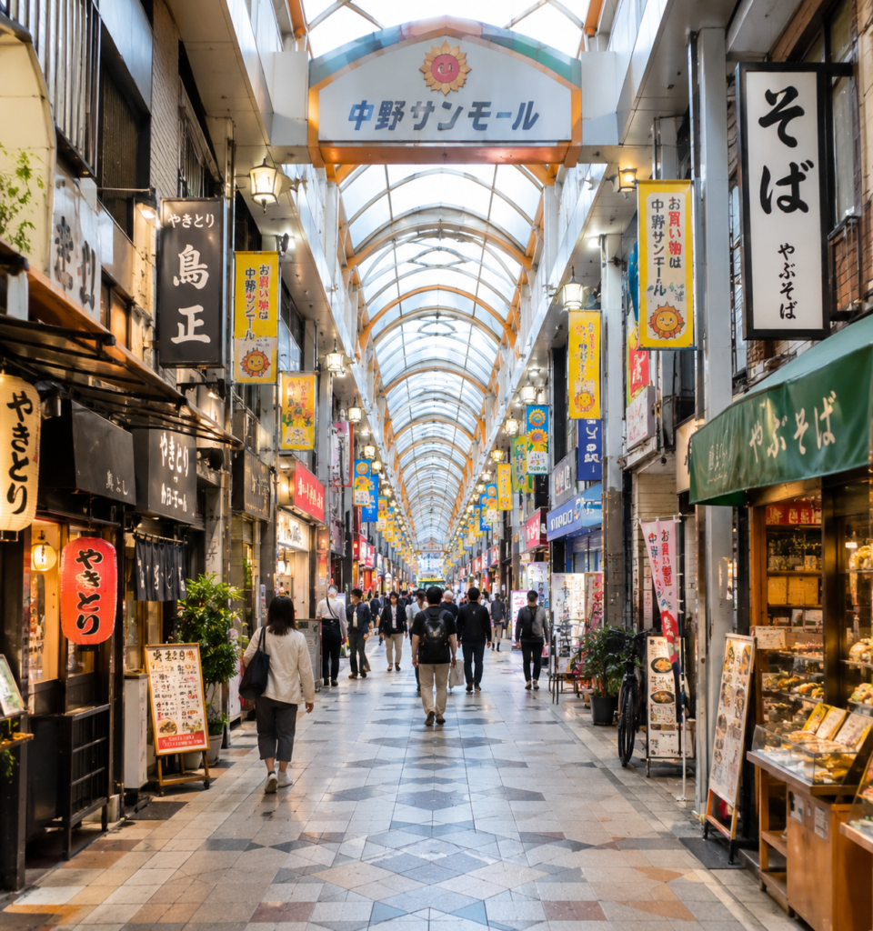 専門店の看板が並ぶ中野ブロードウェイ館内通路