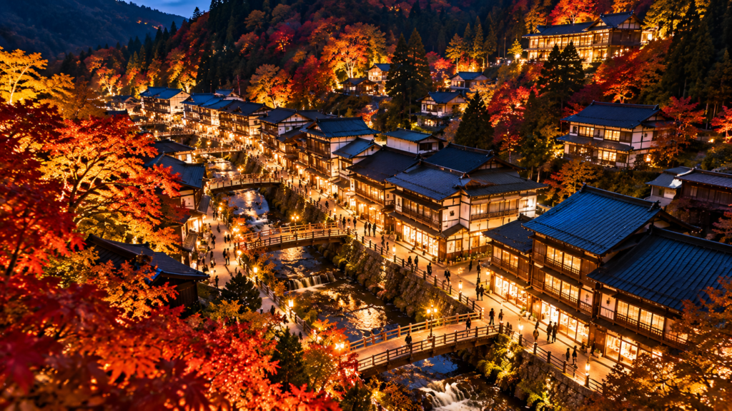 紅葉に囲まれた秋の銀山温泉を高い場所から見渡す夜景