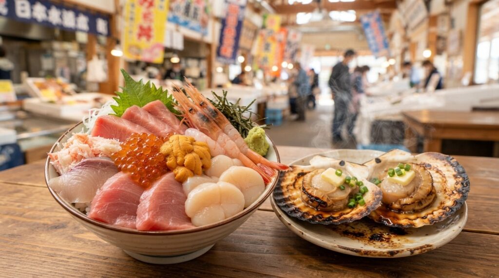 新鮮な海鮮丼と炭火焼きのホタテが並ぶ、日本海さかな街の豪華なランチ風景