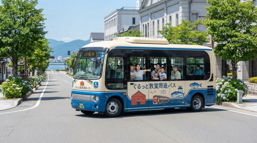 敦賀の街並みを走る可愛らしいデザインの「ぐるっと敦賀周遊バス」の車両