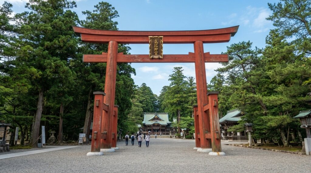 緑豊かな境内にそびえ立つ、福井県敦賀市の名所「気比神宮」の高さ11メートルの赤い大鳥居