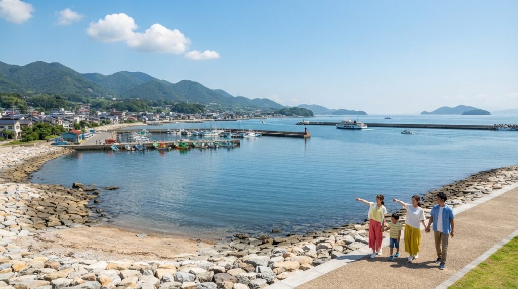 晴れ渡った青空の下、穏やかな敦賀湾の海と港町を家族で眺める観光イメージ