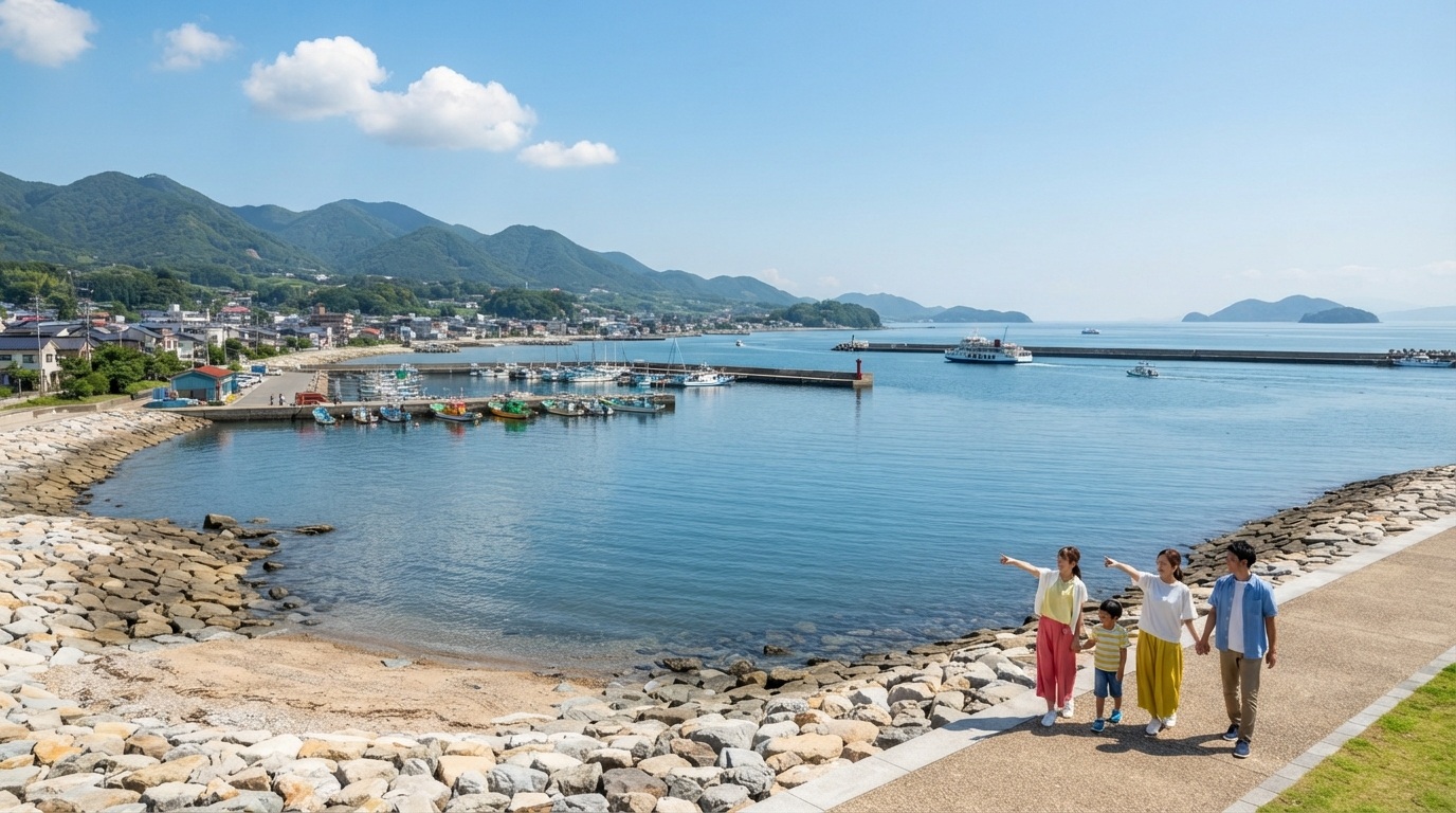 晴れ渡った青空の下、穏やかな敦賀湾の海と港町を家族で眺める観光イメージ