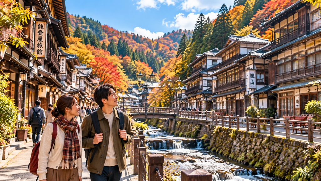 紅葉した山々と木造旅館が並ぶ秋の銀山温泉を歩く二人