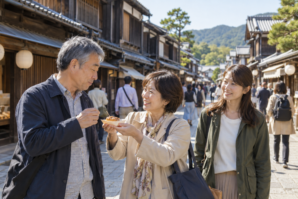 おはらい町・おかげ横丁で食べ歩きを楽しむ家族