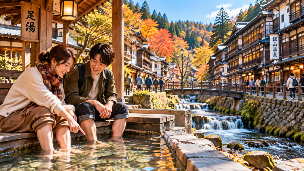 泉街銀山温泉の川沿いで足湯を楽しみ水中をのぞく二人