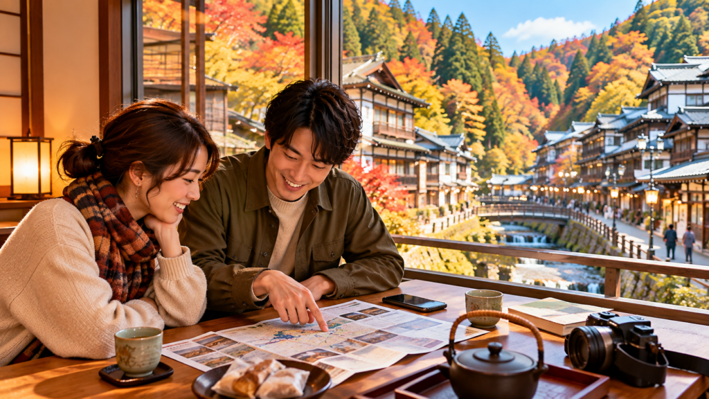 秋の銀山温泉を眺めながら地図を広げ1泊2日の予定を相談する二人
