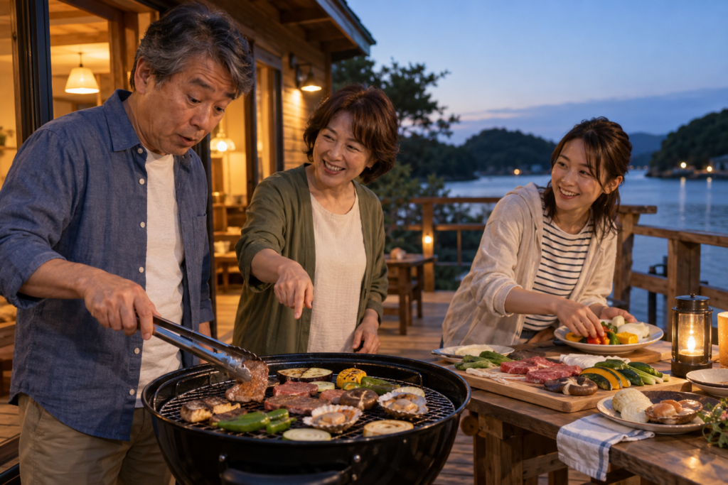 水辺のキャビンでバーベキューを準備する家族