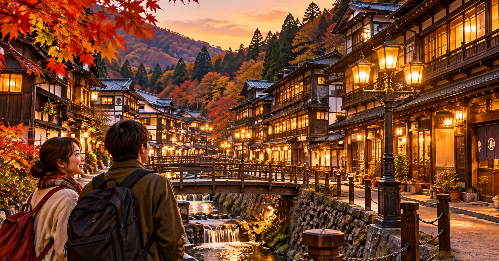 紅葉に包まれた秋の銀山温泉を歩く二人と夕暮れの温泉街