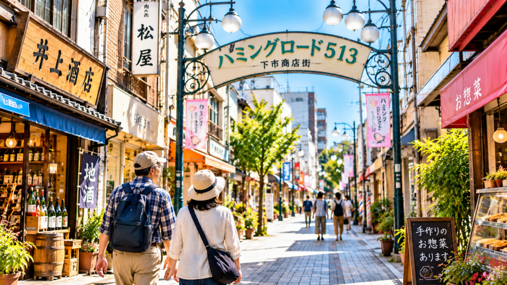 水戸・下市商店街のハミングロード513を歩く夫婦