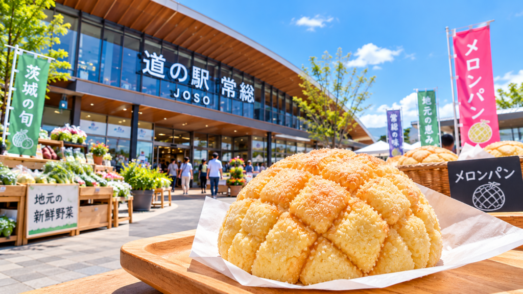 茨城県の道の駅常総をイメージした建物と、名物メロンパンが並ぶ明るい風景
