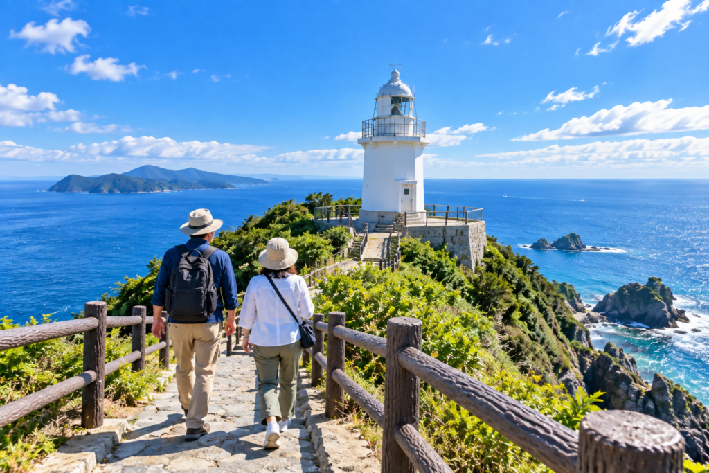 海を望む道を歩いて佐田岬灯台へ向かう夫婦