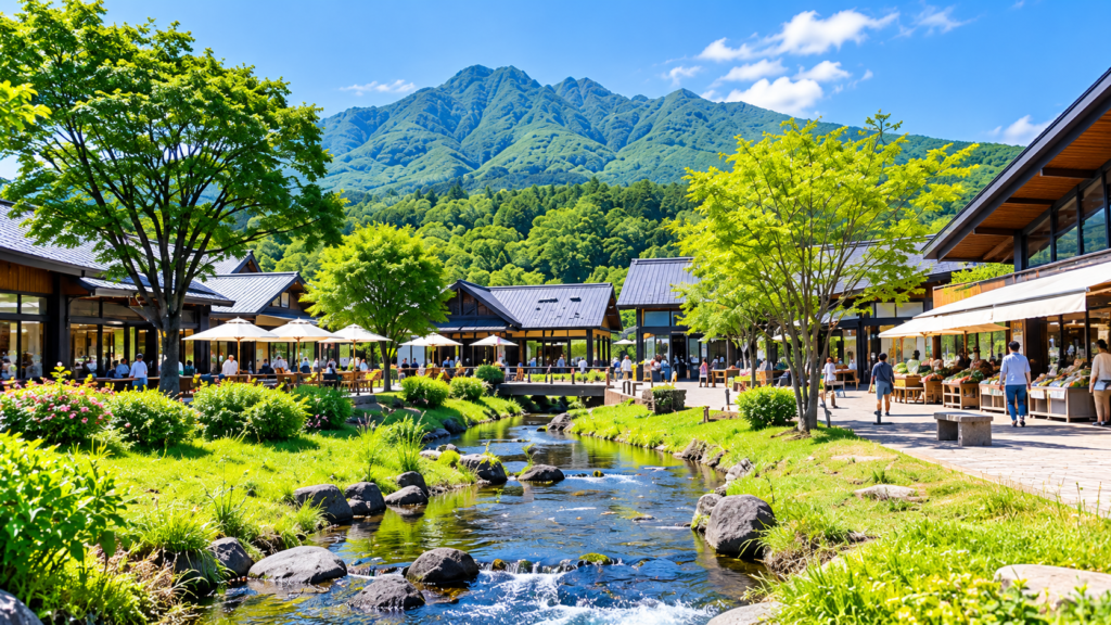 群馬県の川場田園プラザをイメージした緑豊かな園内と、小川や山並みの風景