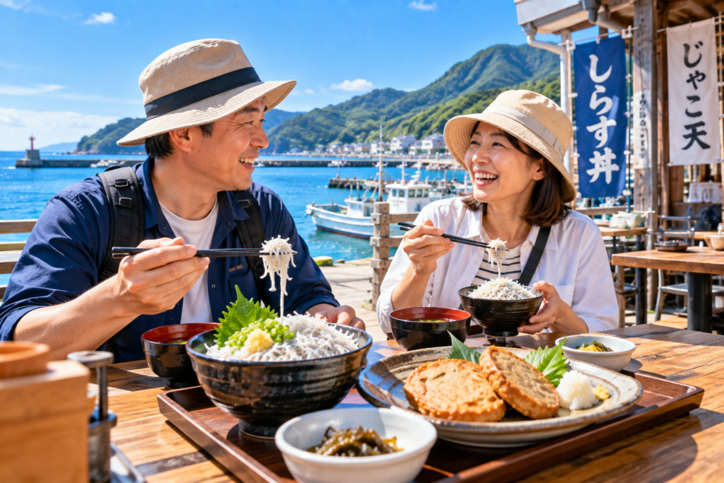 三崎でしらすとじゃこ天を楽しむ夫婦