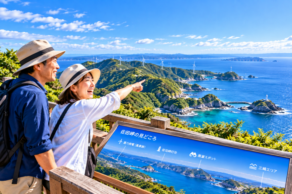 展望スポットから海と風車の景色を楽しむ夫婦