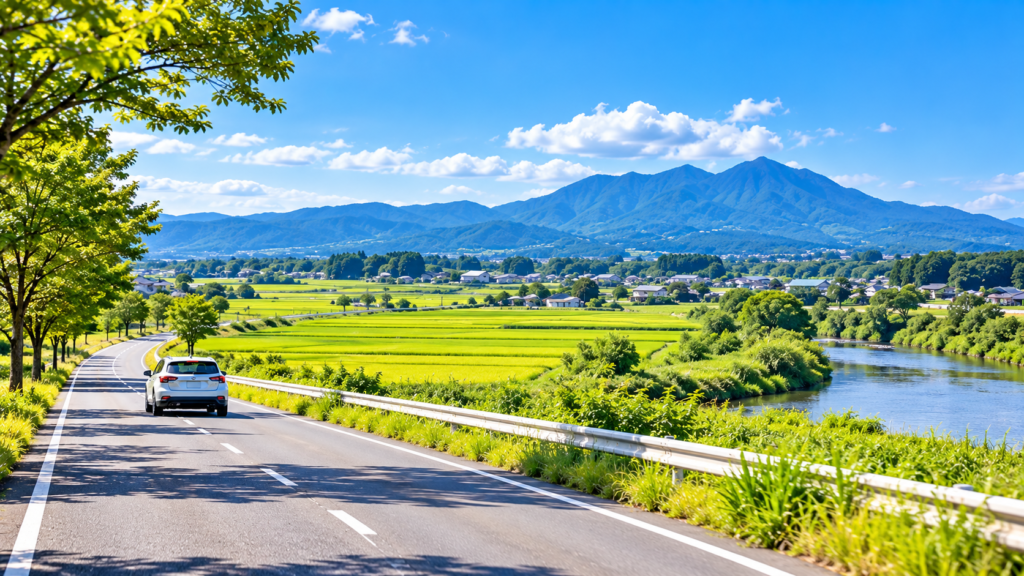 茨城県常総周辺をイメージした田園風景と、青空の下を走るドライブ中の車
