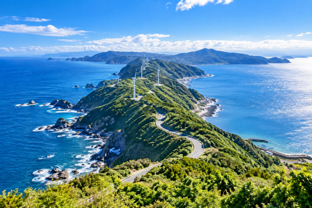 青い海と風車が並ぶ佐田岬半島の景色